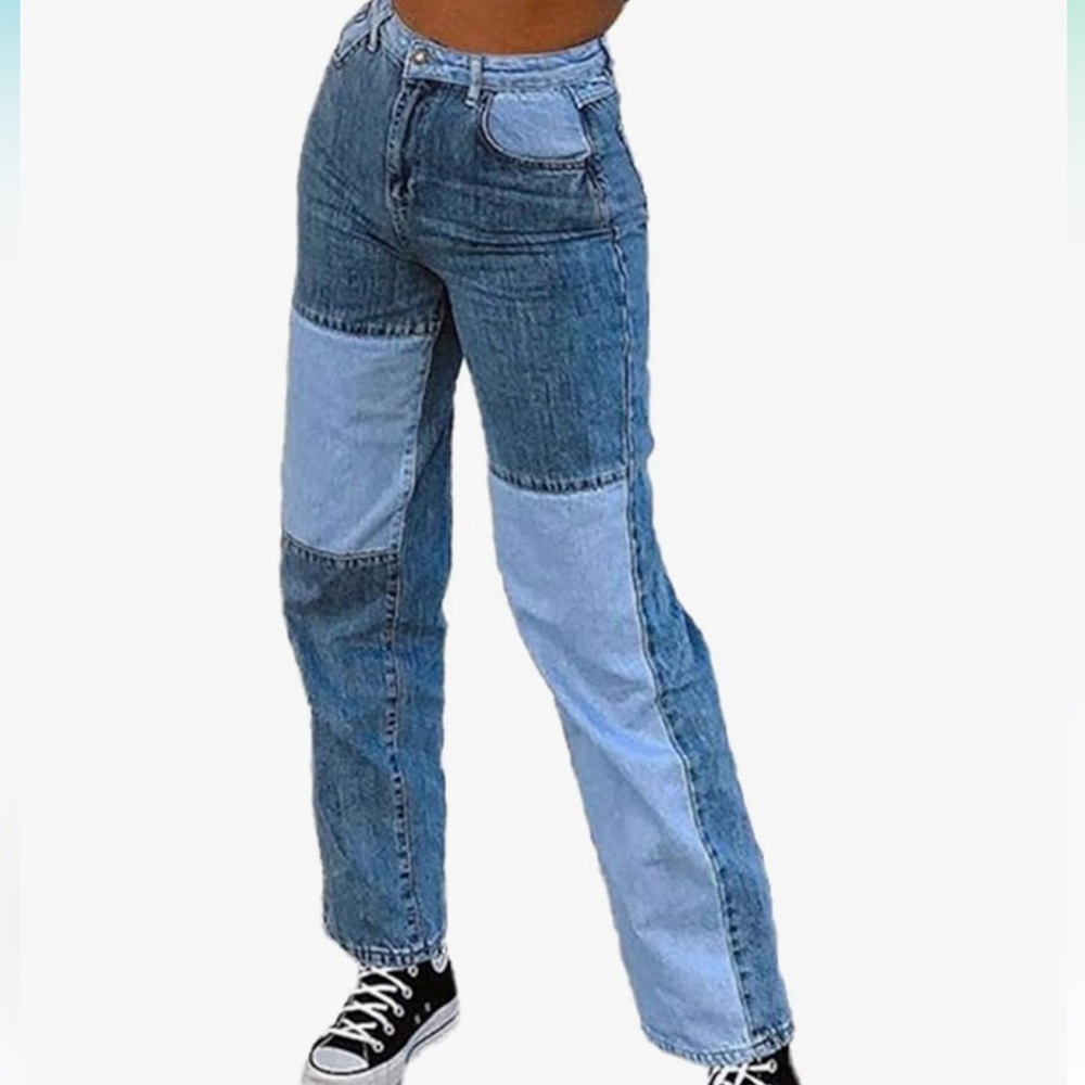 High-Waist Patchwork Paneled Straight Leg Jeans | size S | color: blue